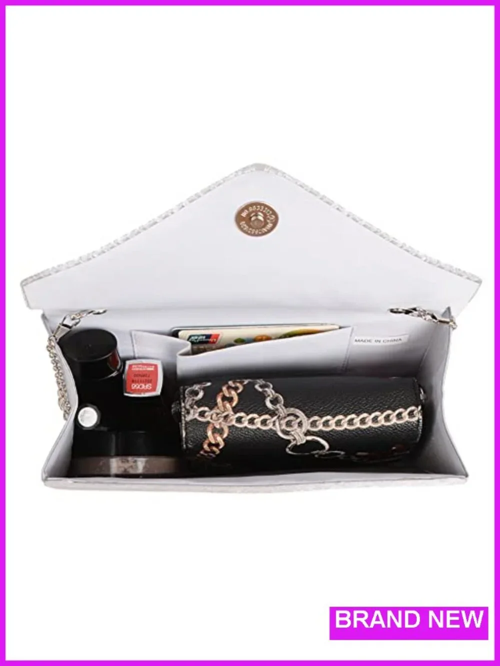 Satin Evening Clutch with Rhinestones, Crossbody Chain, Formal Party